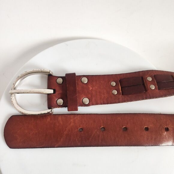 Fossil Belt Large Size 39" Waist Leather Western Brown Woven Studded Textured - Picture 6 of 10